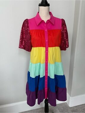 Blue B Collection Rainbow Tiered Midi Dress with Sequin Sleeves